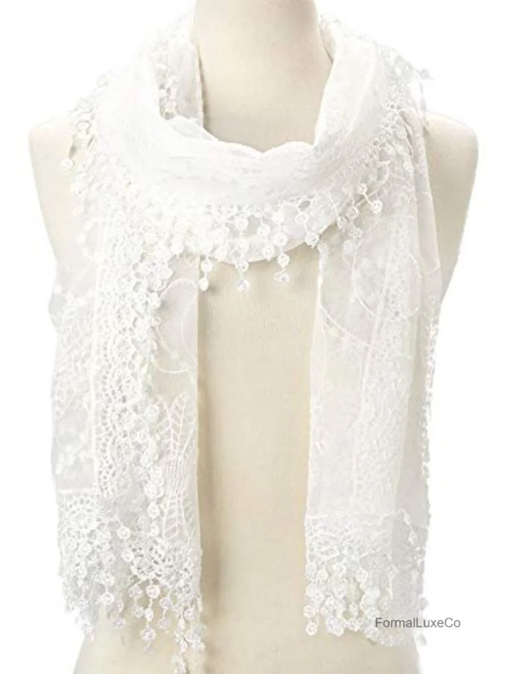 Lightweight Lace Teardrop Fringe Mesh Crochet Tassel Scarf Shawl